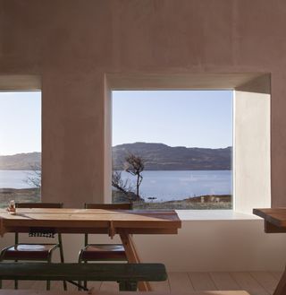 inside looking out at the community dining hall, Croft 3 by London based studio fardaa