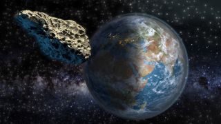 An artist's illustration of an asteroid passing Earth at a large distance