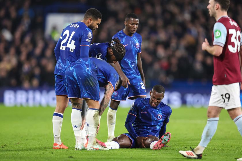 Nicolas Jackson of Chelsea winces after pulling a muscle in his thigh during the Premier League match between Chelsea FC and West Ham United FC at Stamford Bridge on February 3, 2025 in London, England