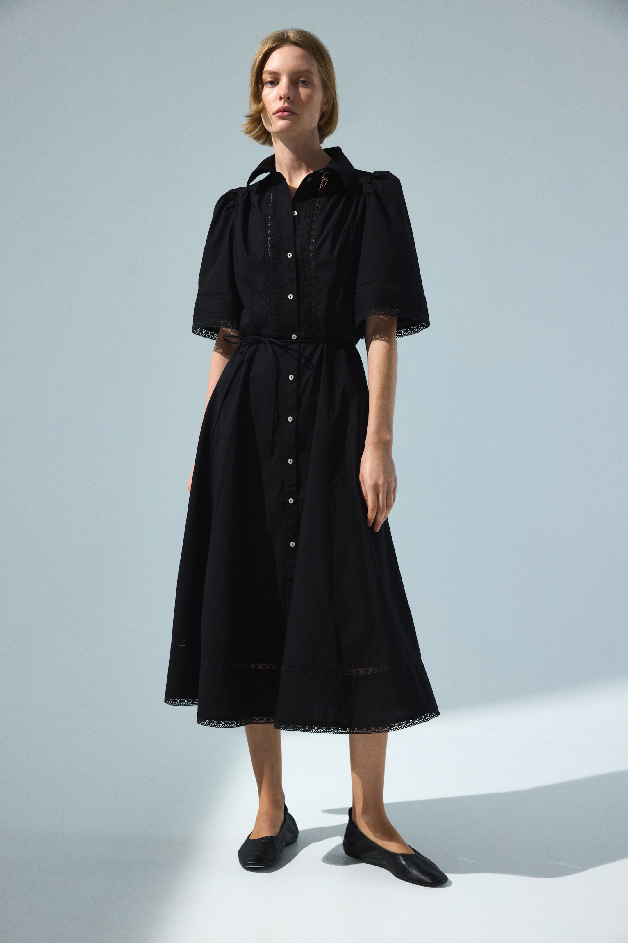 Pintucked Cotton Shirt Dress - Black