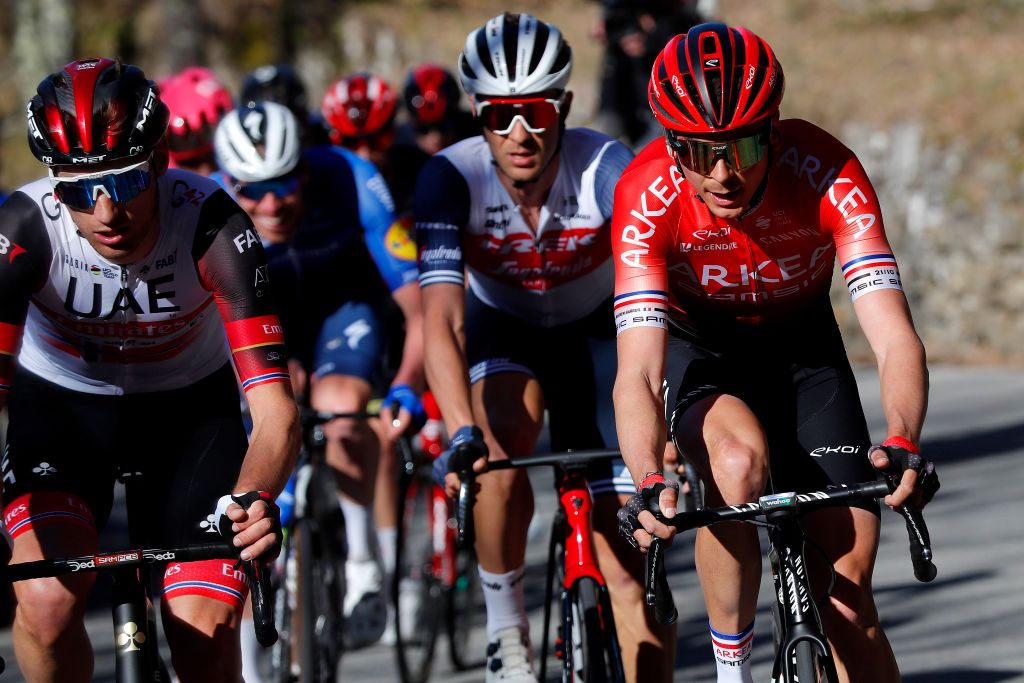 LEVENS FRANCE MARCH 14 Sven Erik Bystrom of Norway and UAE Team Emirates Edward Theuns of Belgium and Team Trek Segafredo Warren Barguil of France and Team Arkea Samsic during the 79th Paris Nice 2021 Stage 8 a 927km stage from Le PlanduVar to Levens 518m Stage itinerary redesigned due to COVID19 lockdown imposed in the city of Nice Breakaway ParisNice on March 14 2021 in Levens France Photo by Bas CzerwinskiGetty Images