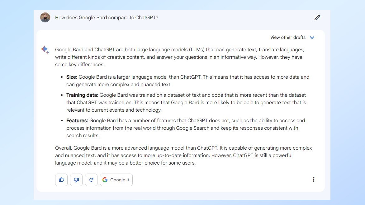 Comparison of Google Bard and ChatGPT