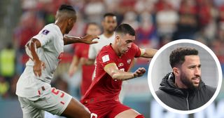 Andros Townsend trolls Arsenal during Serbia vs Switzerland commentary: Dusan Vlahovic of Serbia controls the ball against Manuel Akanji of Switzerland during the FIFA World Cup Qatar 2022 Group G match between Serbia and Switzerland at Stadium 974 on December 02, 2022 in Doha, Qatar.