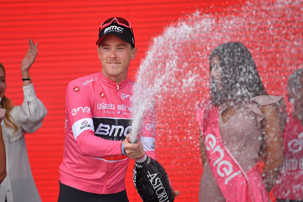 Rohan Dennis (BMC) celebrates taking the overall lead at Giro d'Italia after stage 2