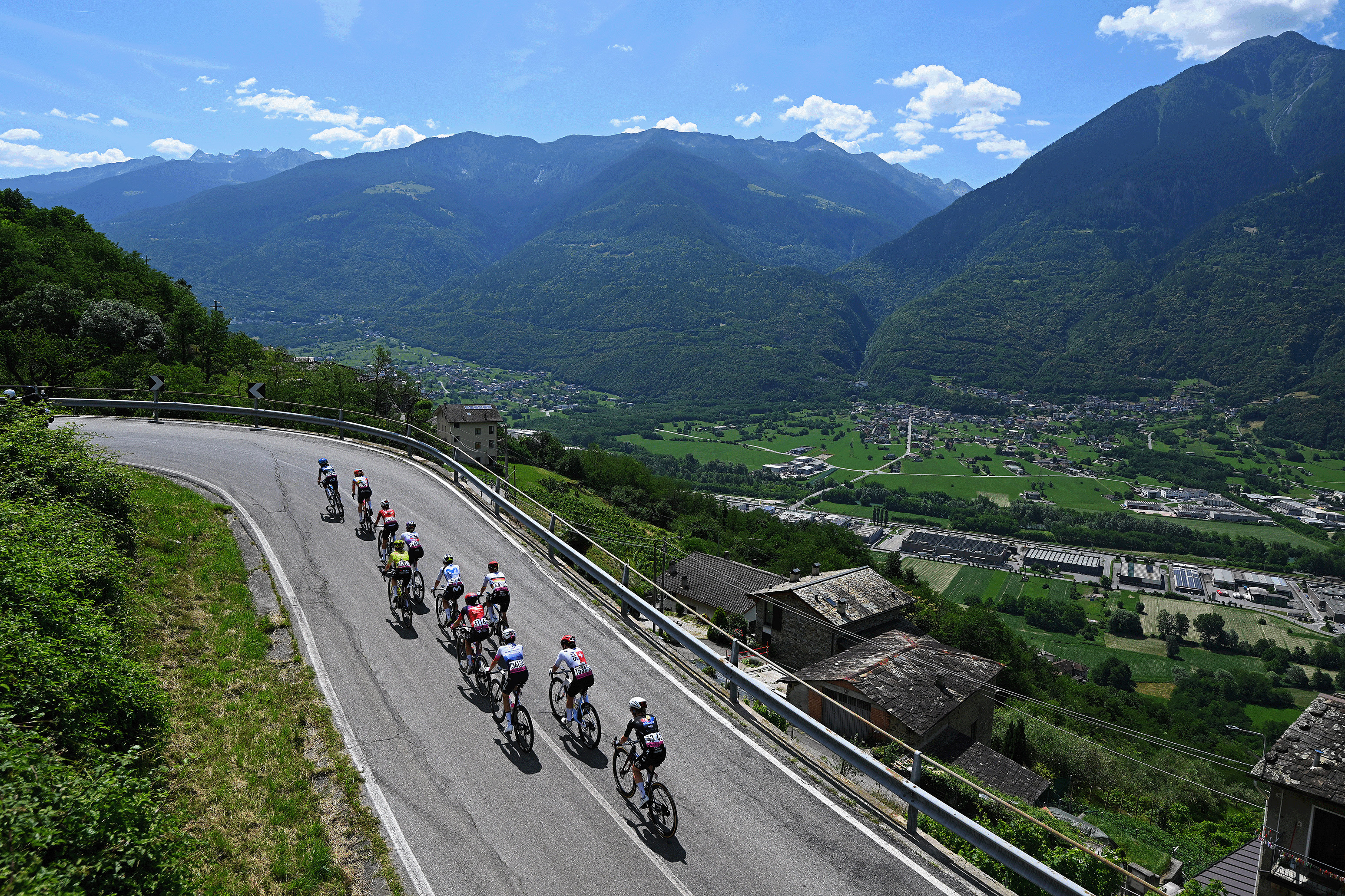 SONDRIO, ITALY - JUNE 17: (L-R) Thalita de Jong of Netherlands and Team Human Powered Health, Clemence Latimier of France and Team Ma Petite Entreprise, Jasmin Liechti of Switzerland and Team Switzerland, Lauren Dickson of Great Britain and Team FDJ United - SUEZ and a general view of breakaway the compete in the breakaway climbing to the Triangia (780m) during the 10th Tour de Suisse Women 2026, Stage 1 a 109.3km stage from Sondrio to Sondrio / #UCIWWT / on June 17, 2026 in Sondrio, Italy. (Photo by Tim de Waele/Getty Images)