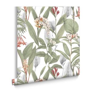 botanical wallpaper in green and red on white background