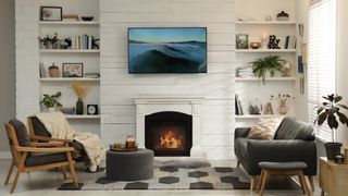 A TV mounted above a fireplace in a modern living room setting