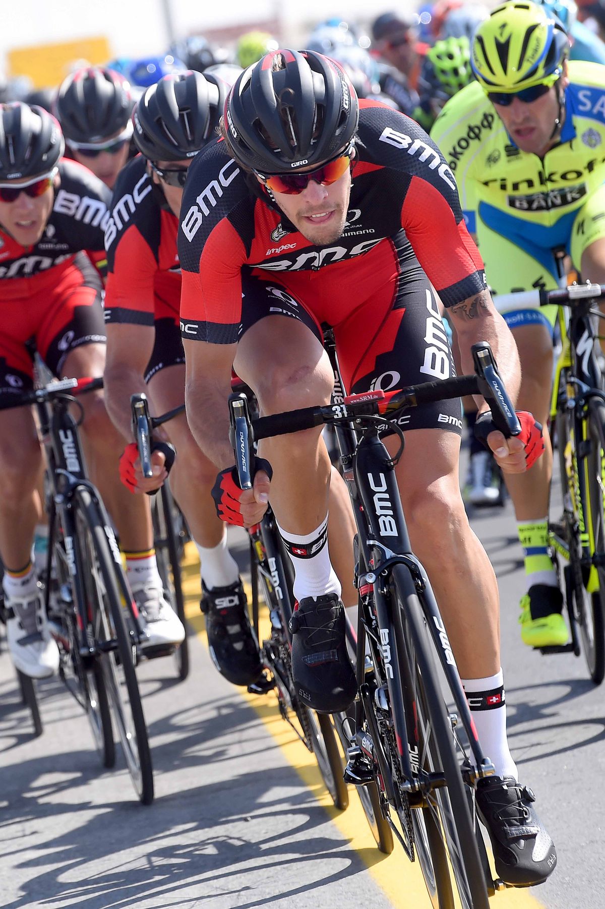 Daniel Oss does a turn on the front