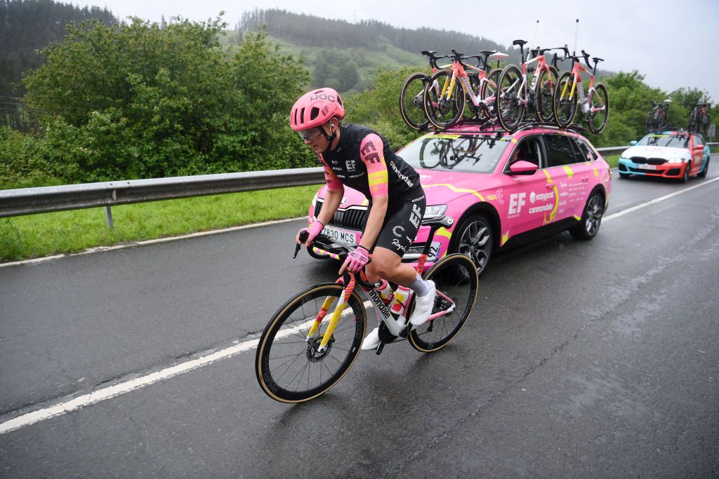 DURANGO SPAIN MAY 14 Letizia Borghesi of Italy and Team EF EducationCannondale competes assisted by the team car during the 23rd Durango Durango Emakumeen Saria 2024 a 113km one day race from Durango to Durango on May 14 2024 in Durango Spain Photo by Alex BroadwayGetty Images