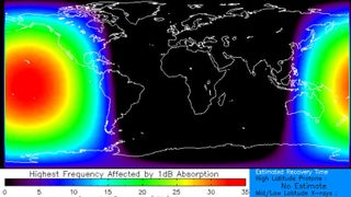 A diagram showing the location of radio blackouts on Earth after the flare