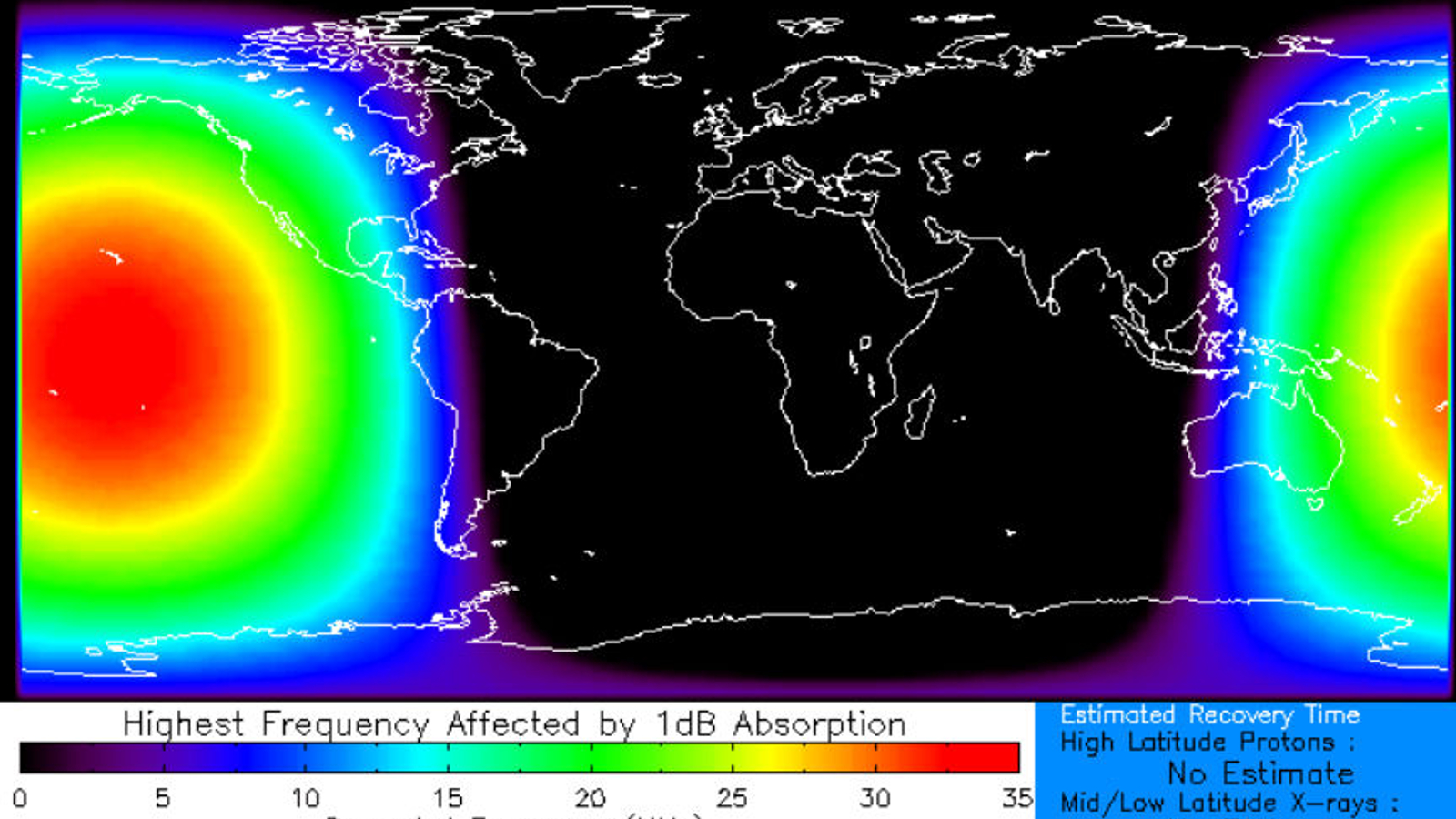 A diagram showing the location of radio blackouts on Earth after the flare