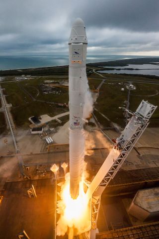 A close view of a SpaceX Falcon 9 rocket, lifting off from Pad 39A at NASA's Kennedy Space Center on Feb. 19, 2017.