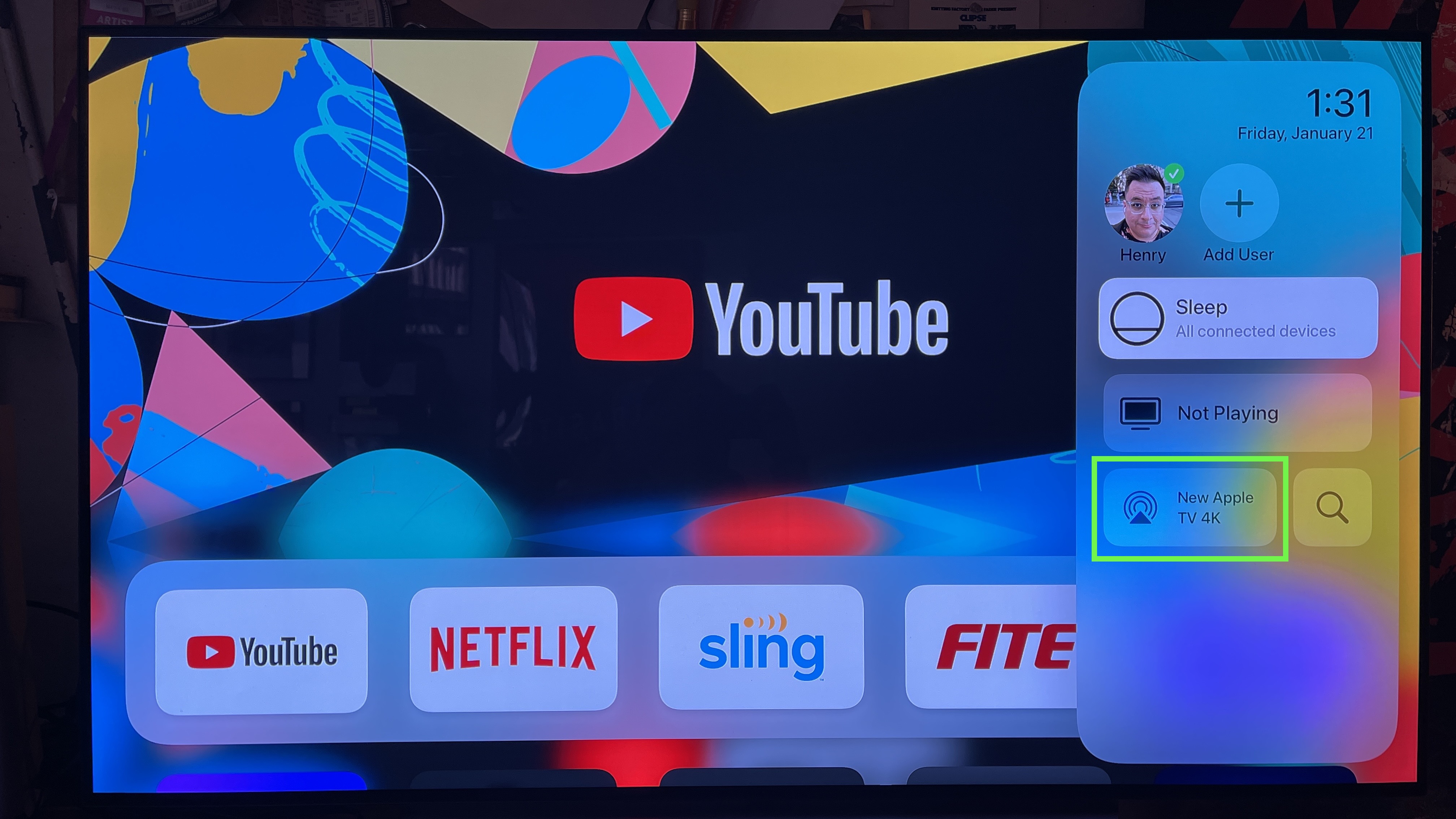 A green box highlights the AirPlay button on the Apple TV