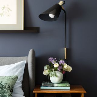 bedroom with dark blue wall bedside lamp and flower pot