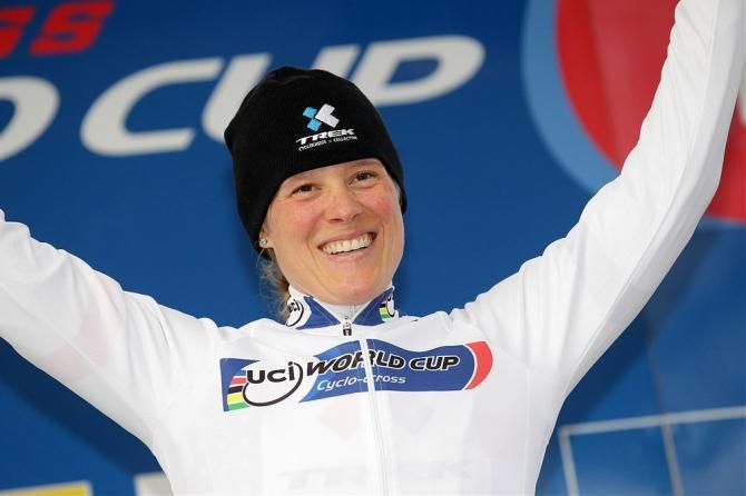 Katie Compton (Trek Cyclocross Collective) remains in the World Cup leader's jersey after winning her fourth straight World Cup race of the season at Heusden-Zolder, Belgium