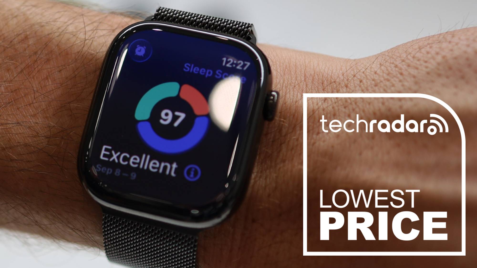 A close up of the Apple Watch Series 11 Sleep Score with a deals tag