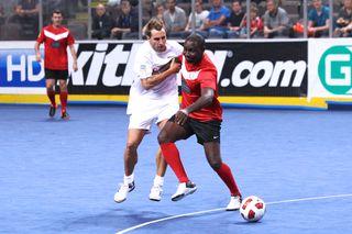 Andy Cole and Darren Huckerby battle for the ball during a game in Masters Football on Sky Sports