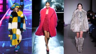 A composite of models on the runway showing coat trends 2022 faux fur