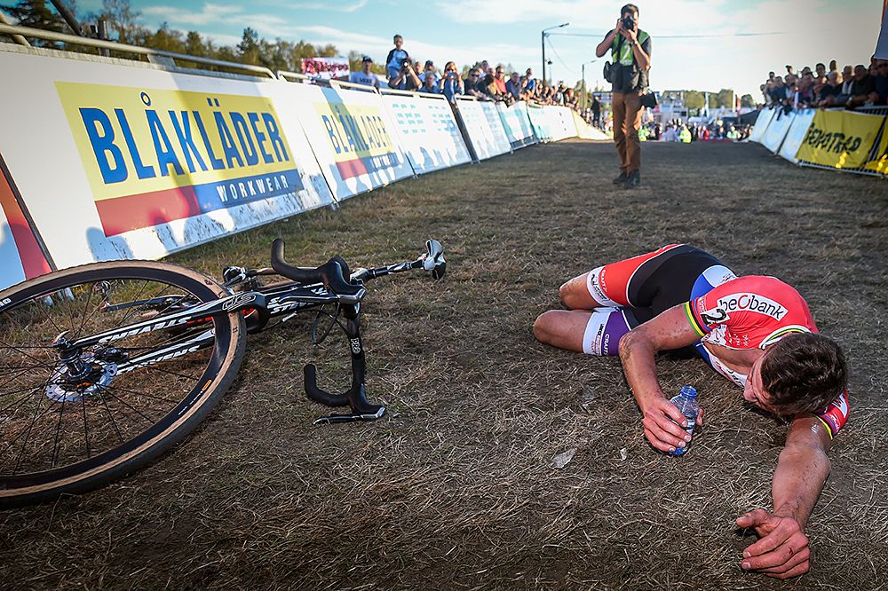 Mathieu van der Poel (Beobank-Corendon) fell to the ground after winning in Zonhoven