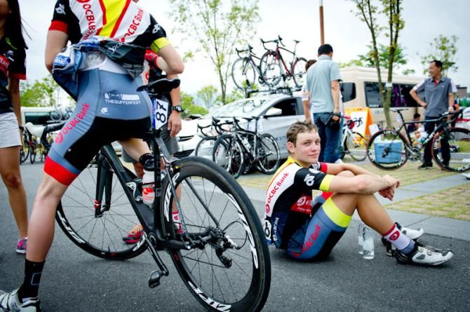 After a hard race Jason Christie (OCBC Singapore) takes a rest at the Tour de Korea