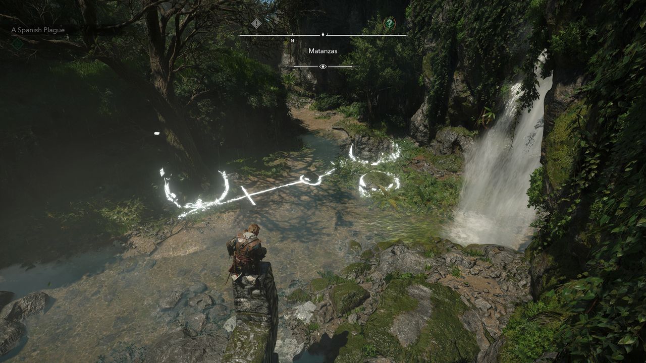 Black Flag Mayan stones: Edward crouched on top of the stele solving the puzzle in the ruins below.