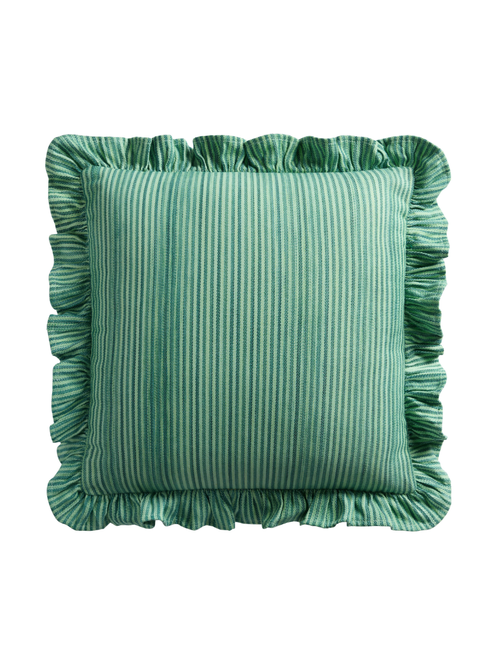 Green Railroad Stripe Ruffled Indoor/Outdoor Throw Pillow