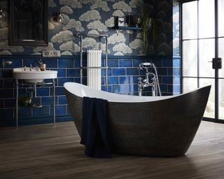 Blue bathroom idea with mock croc print bath by Heritage bathrooms