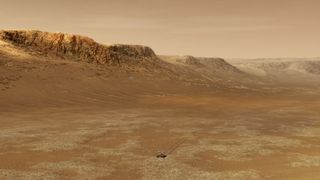 An illustration of NASA's Perseverance rover exploring Jezero Crater on Mars.