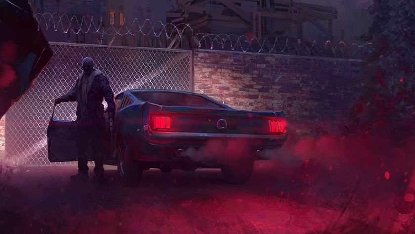 Man stepping out of classic car with barbed wire wall visible in background