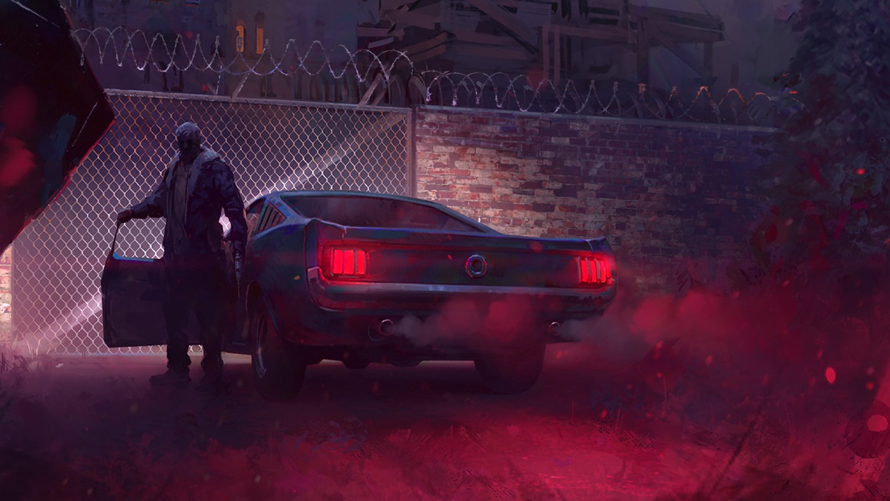 Man stepping out of classic car with barbed wire wall visible in background