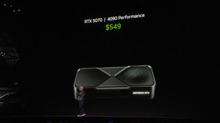 NVIDIA CEO Jensen Huang Keynote at CES 2025 displaying RTX 5070 graphics card with price tag