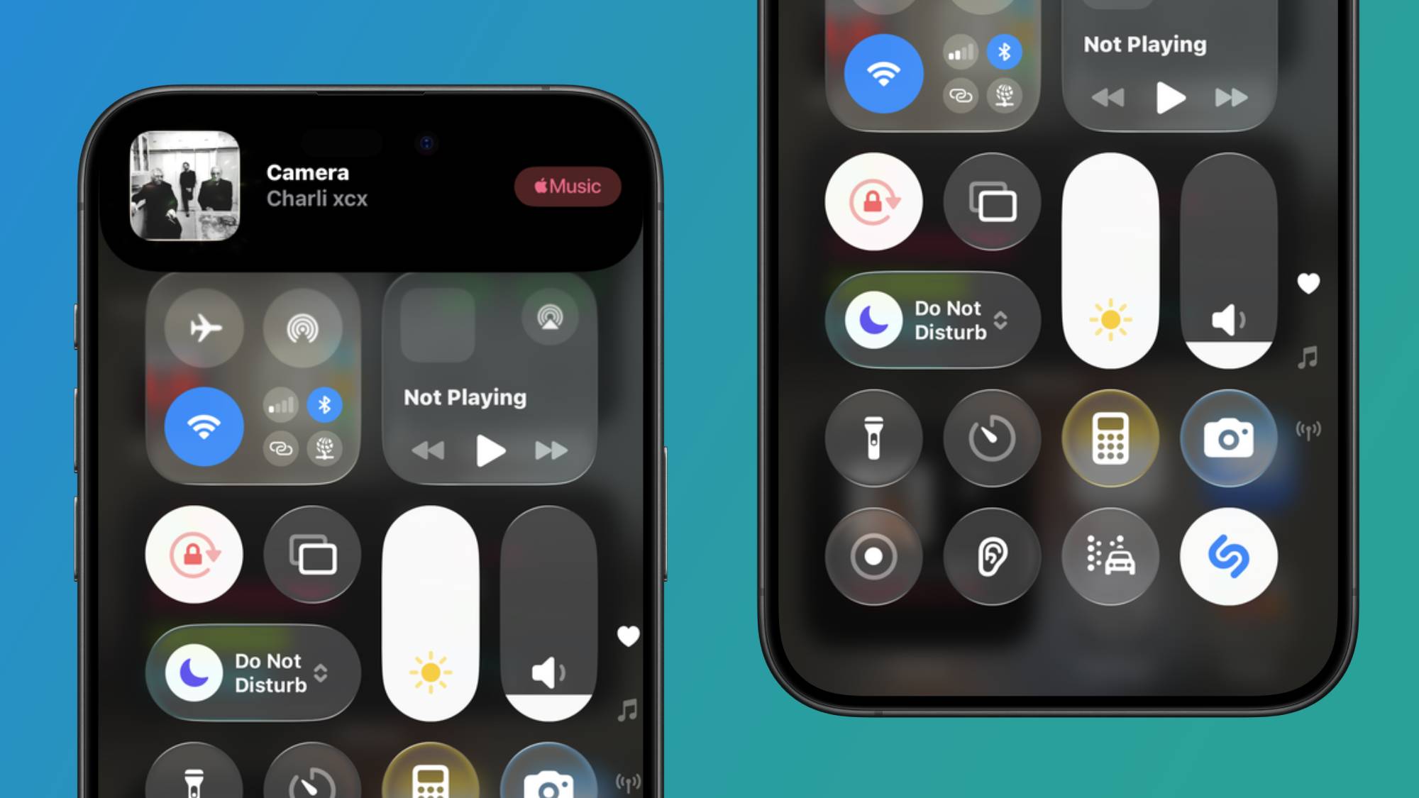Two smartphones showing the Shazam control buton in the iOS control centre