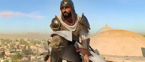 Assassin's Creed Mirage: Basim on ledge.