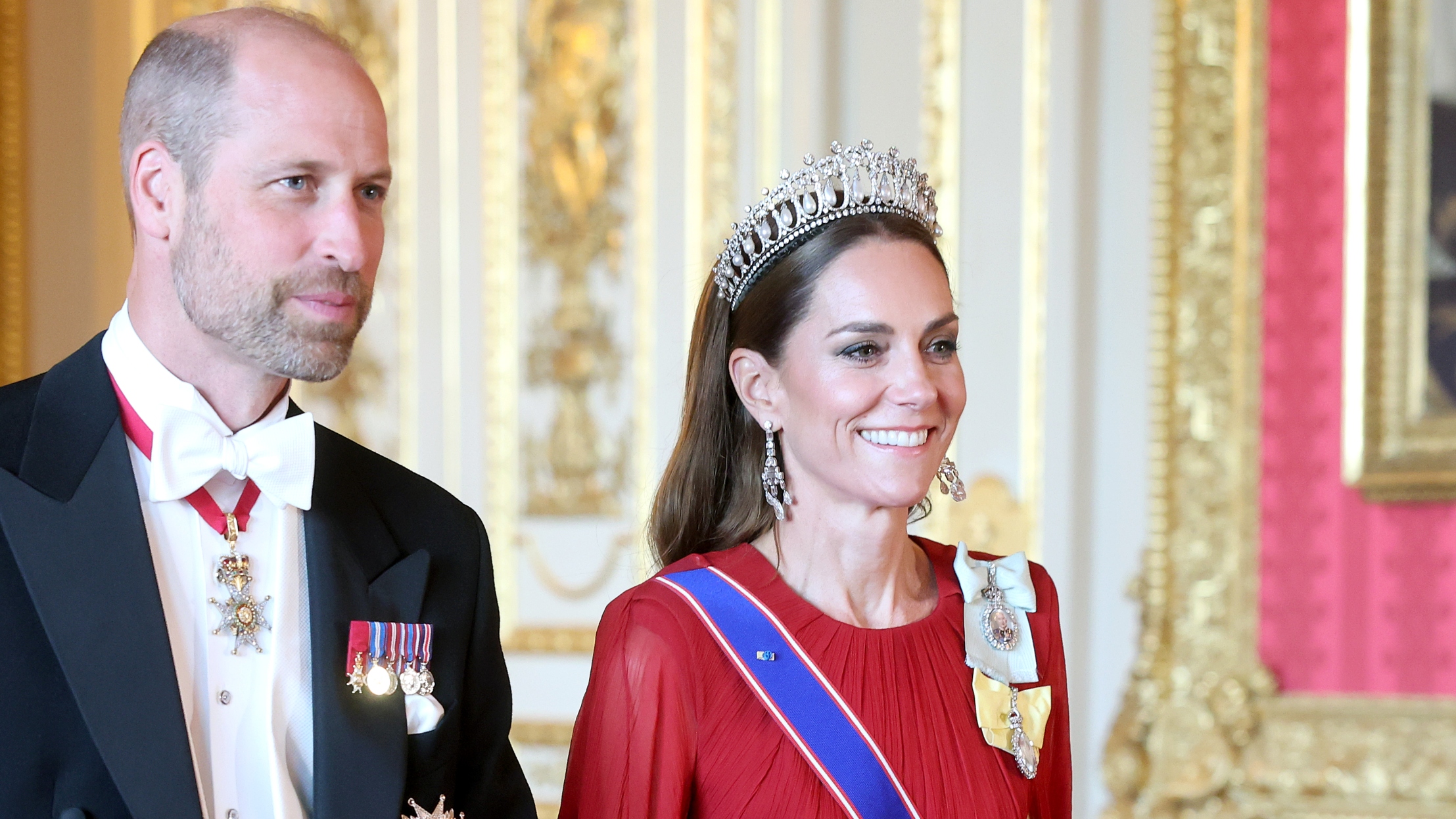 Prince William, Prince of Wales and Catherine, Princess of Wales smile as they attend the State Banquet at Windsor Castle on July 08, 2025