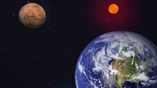 illustration showing earth in the foreground with mars and the sun in the background
