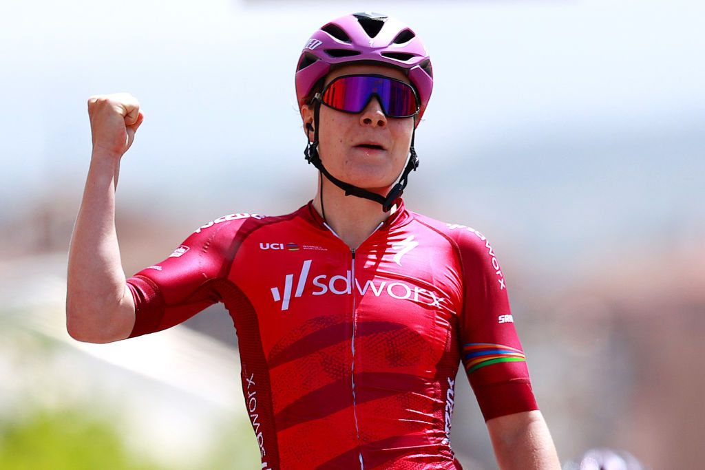 ARANDA DE DUERO SPAIN MAY 19 Lotte Kopecky of Belgium and Team SD Worx Pink UCI Womens WorldTour Leader Jersey celebrates winning during the 7th Vuelta a Burgos Feminas 2022 Stage 1 a 1219km stage from Pedrosa del Prncipe to Aranda de Duero VueltaBurgos BurgosFem on May 19 2022 in Aranda de Duero Spain Photo by Gonzalo Arroyo MorenoGetty Images