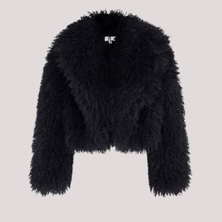 flat lay image of black fur coat