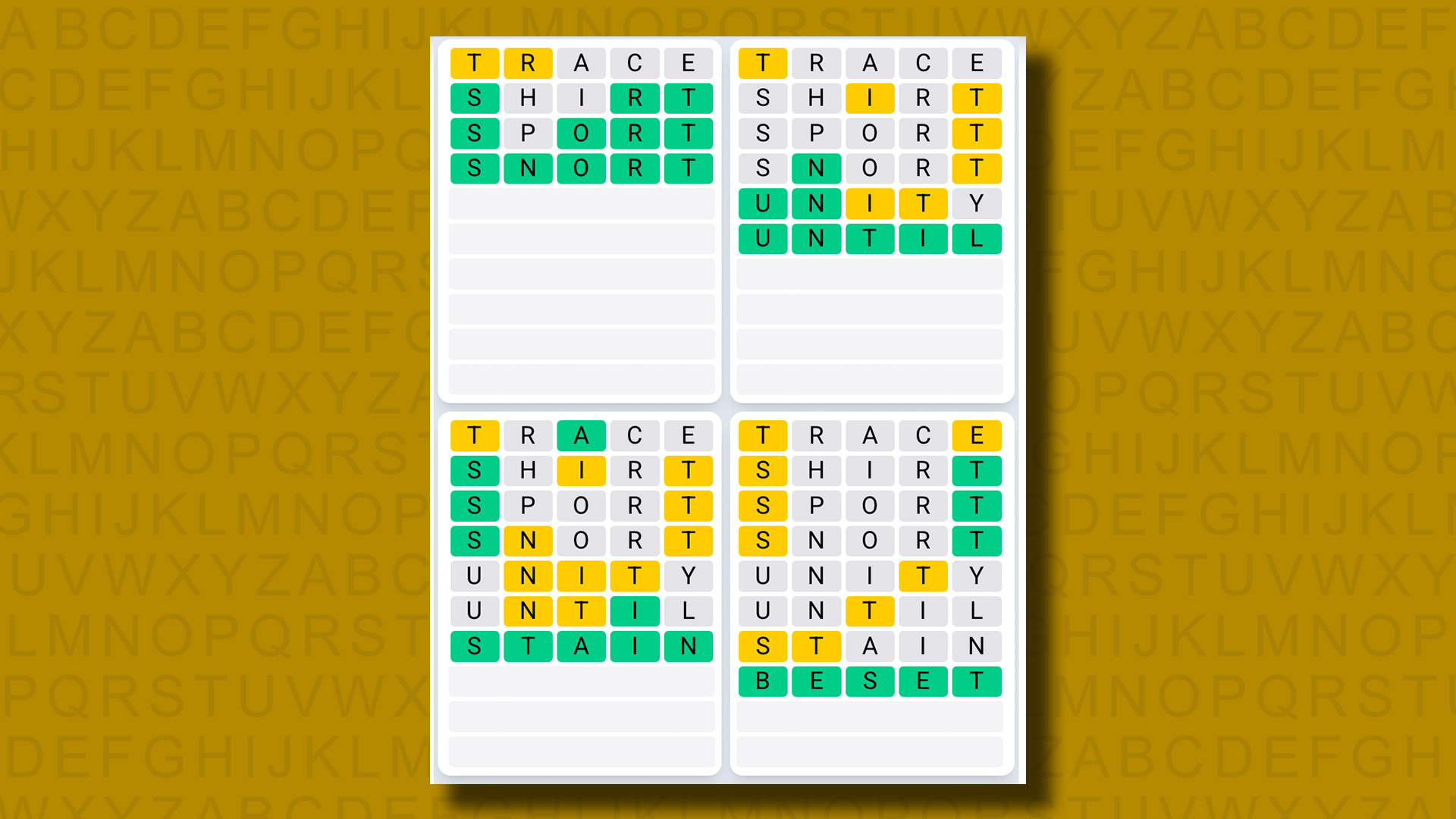 Quordle Daily Sequence answers for game 1320 on a yellow background