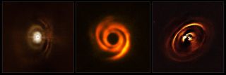 Three planetary disks around young stars observed by the SPHERE instrument on ESO's Very Large Telescope in Chile: from left to right, RX J1615, HD 135344B and HD 97048. The instrument blocks out the central star to reveal the circling gas and dust.