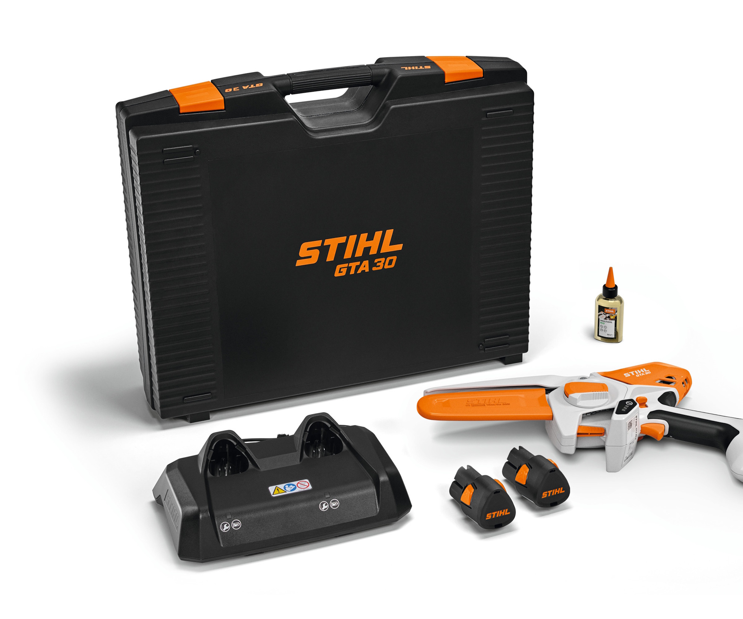 Shihl GTA Pruner product image, showing case, tools, batteries, charger and oil