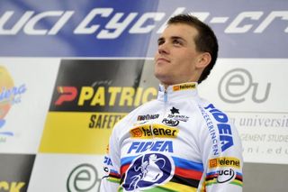 A proud Zdenek Stybar (Telenet - Fidea) stands atop the podium after his World Cup victory in Aigle.