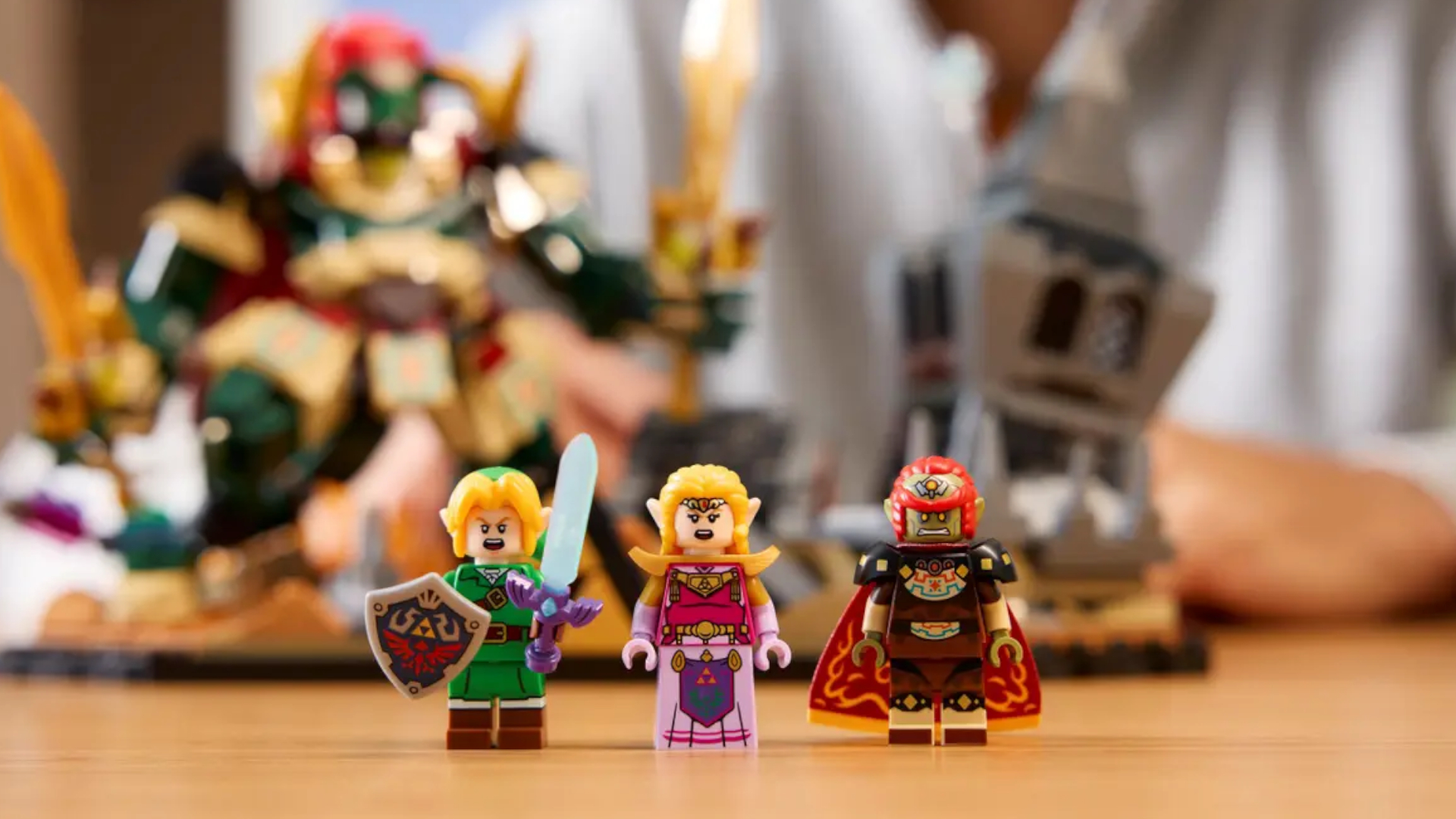 The Lego Ocarina of Time - The Final Battle set and figures laid out on a wooden table