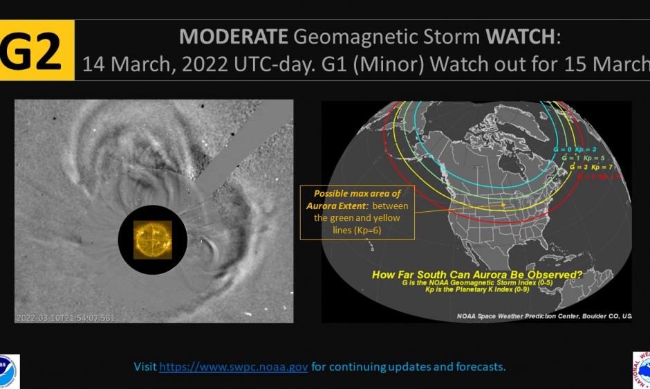 This NOAA map shows that the aurora could be seen at more southerly latitudes than usual, including in New York and Idaho, as the result of a mild category G2 solar storm likely to hit Earth on Monday (March 14)