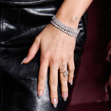 Hailey Bieber's glass slipper nails on the red carpet at the wsj magazine 2025 innovator awards 