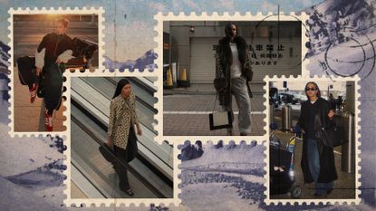 winter travel outfits shown in collage in of airport outfit ideas 