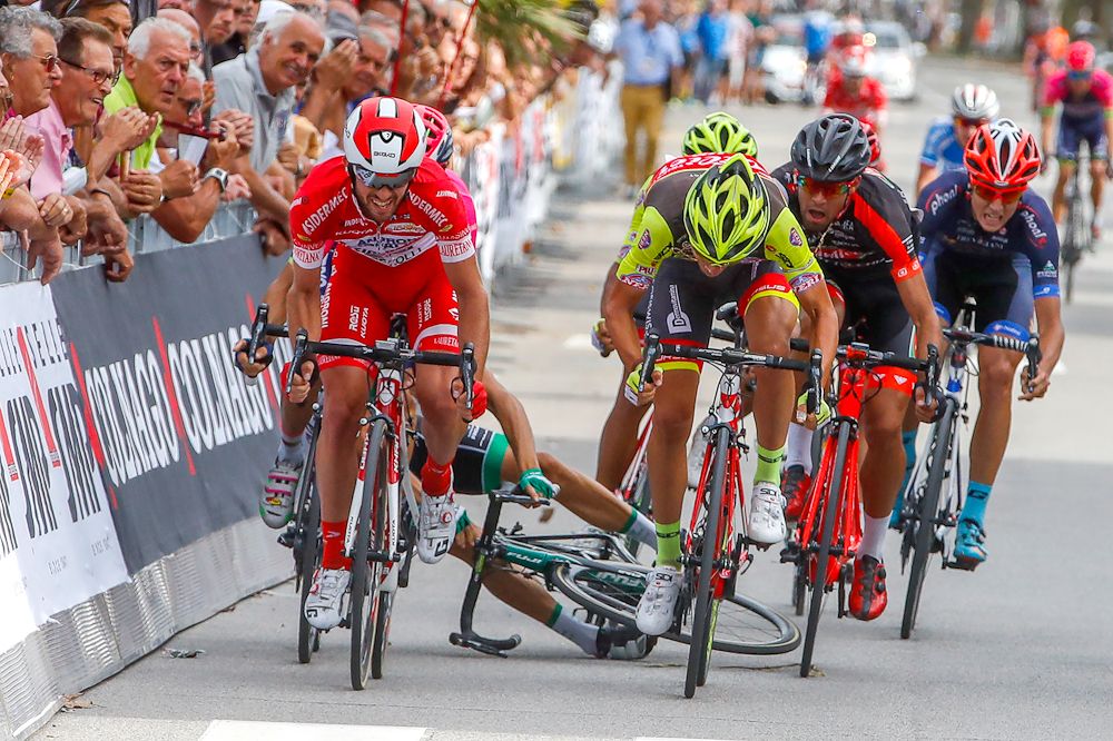 A crash near the finish of Memorial Marco Pantani