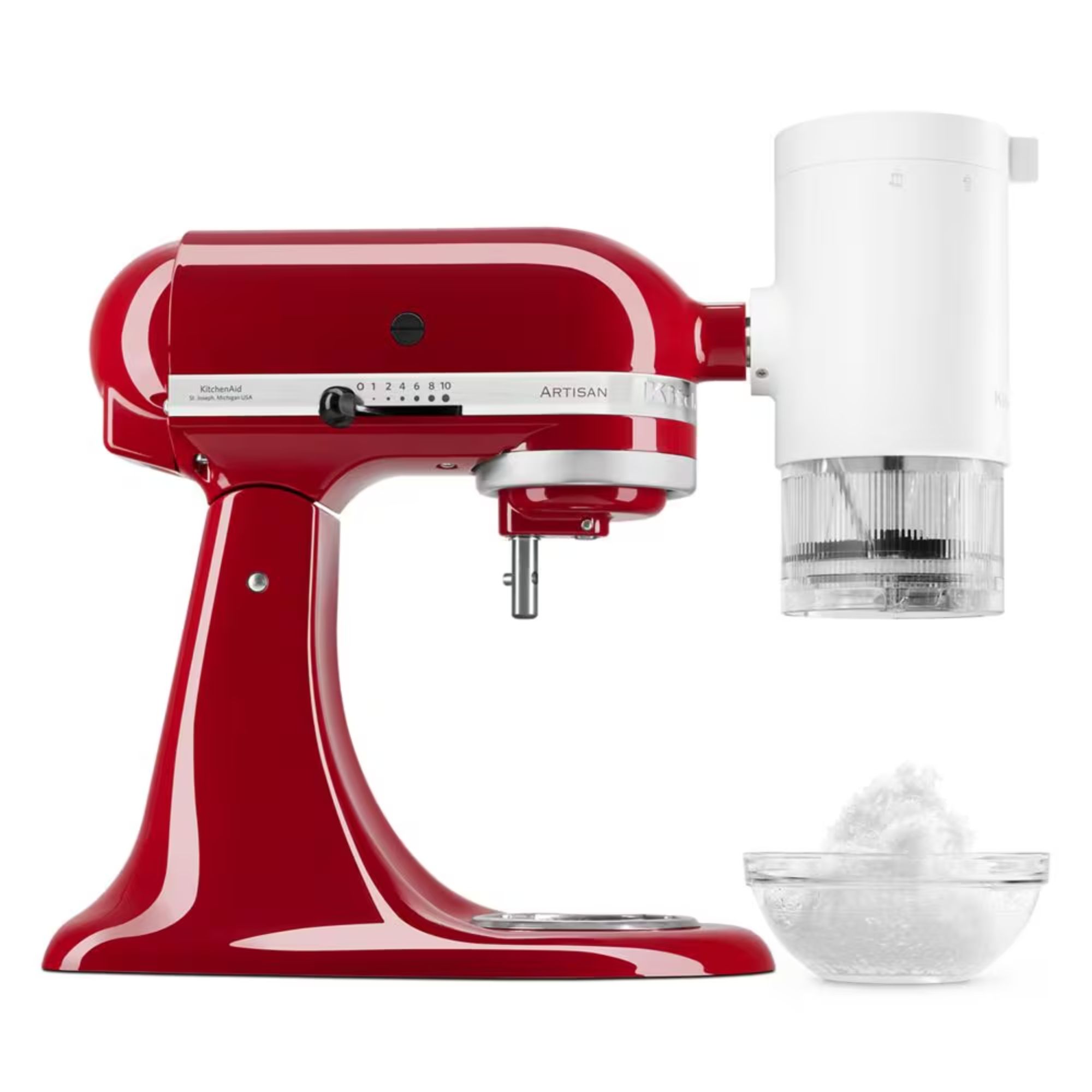 A red KitchenAid Stand Mixer with an ice shaving attachment on the front (a white cylinder shape) with a bowl of shaved ice beneath.