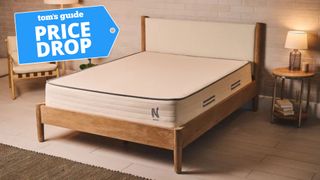 The Nolah Natural 11 mattress in warmly lit bedroom with deals badge in top left corner. 