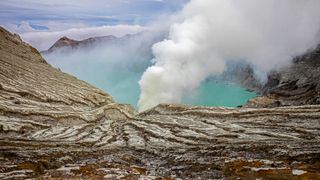 Sulfuric lake of Kawah Ijen Mountain's cauldron in the Banyuwangi Regency of East Java.