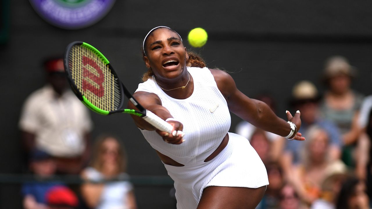 Serena Williams of The United States plays a forehand in her Ladies&#039; Singles final